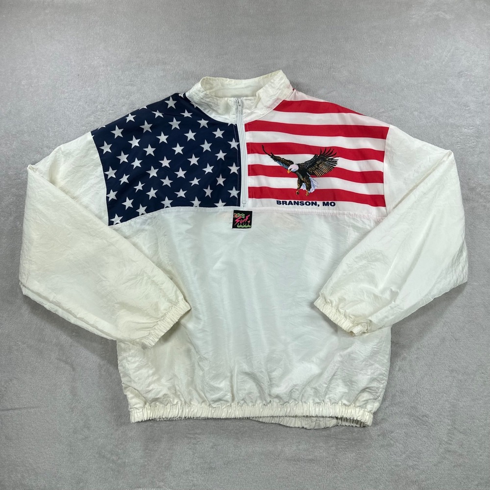 Surf Style Windbreaker Mens One Size White 90s American Flag Eagle Branson MO